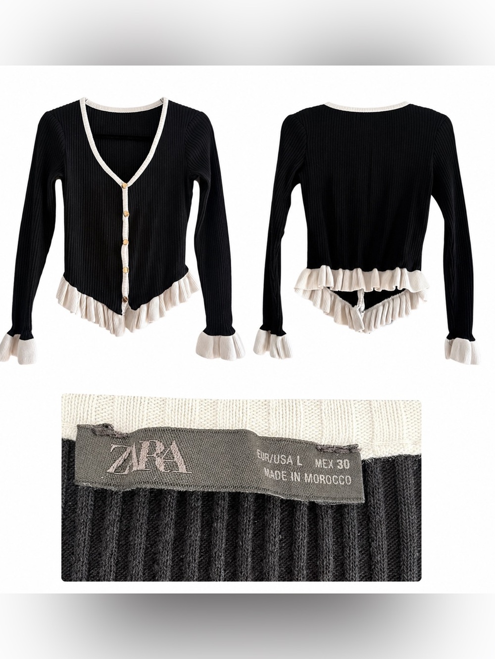 🎩 Zara Black Ribbed Cardigan with Cream Ruffle Trim